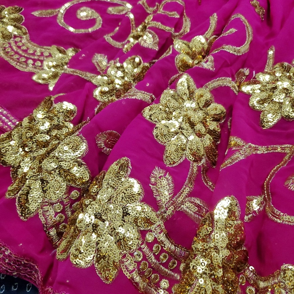 Hot Pink Cerise Gold Saree Sequin bridal wedding sari gold